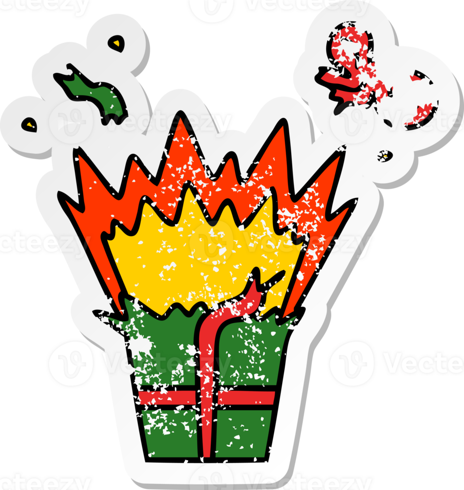 distressed sticker of a quirky hand drawn cartoon of an explosive present png