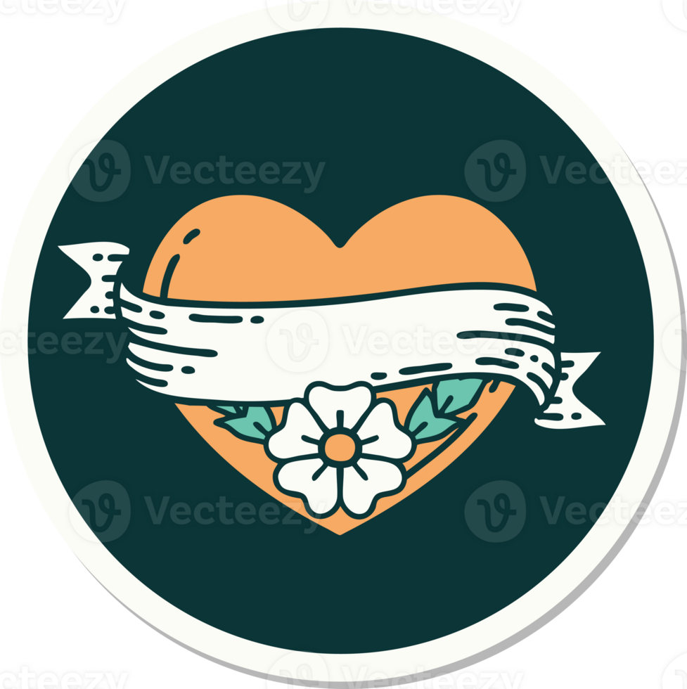 sticker of tattoo in traditional style of a heart and banner with flowers png