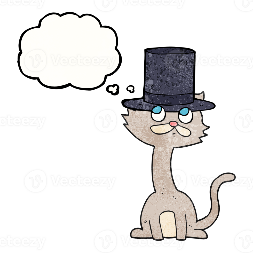hand drawn thought bubble textured cartoon cat in top hat png