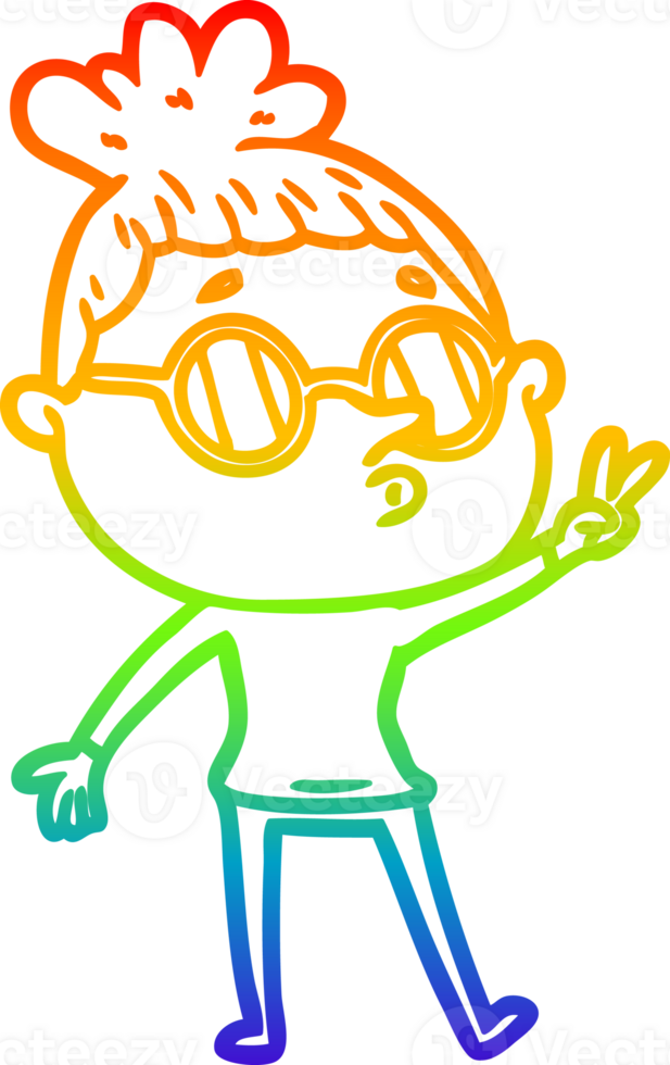 rainbow gradient line drawing of a cartoon woman wearing glasses png