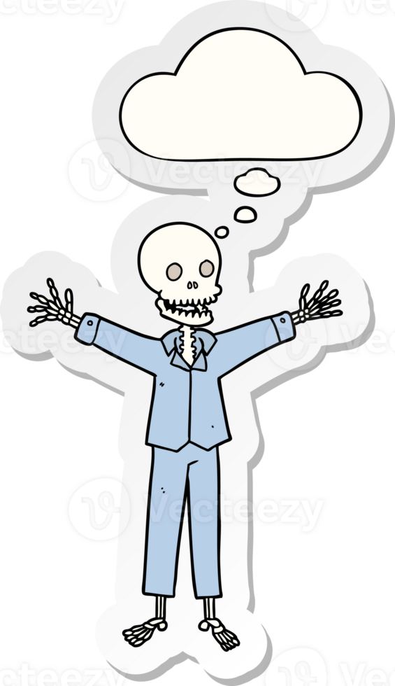 cartoon skeleton wearing pajamas with thought bubble as a printed sticker png