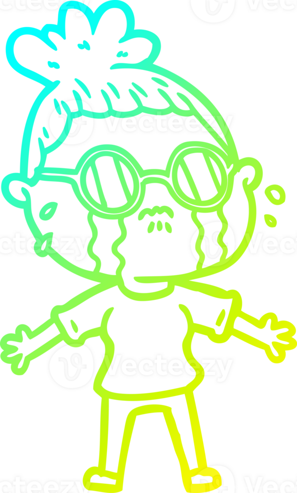 cold gradient line drawing of a cartoon crying woman wearing spectacles png