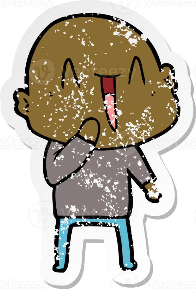 distressed sticker of a happy cartoon bald man png