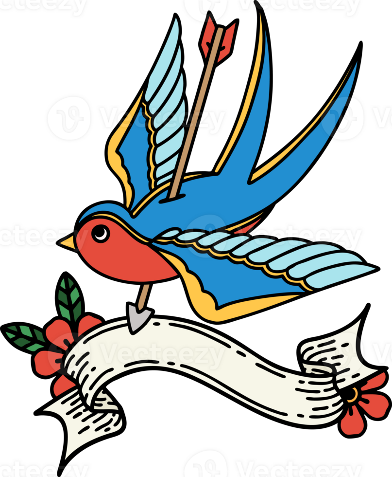 traditional tattoo with banner of a swallow pierced by arrow png