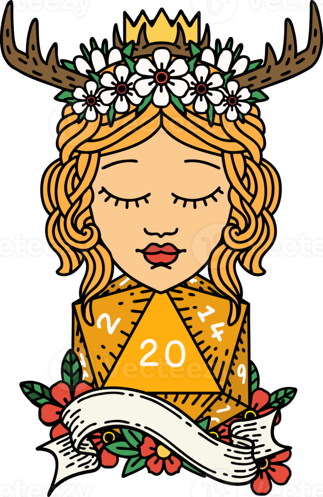 Retro Tattoo Style human druid with natural twenty dice roll png