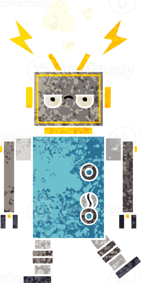 retro illustration style cartoon of a malfunctioning robot png