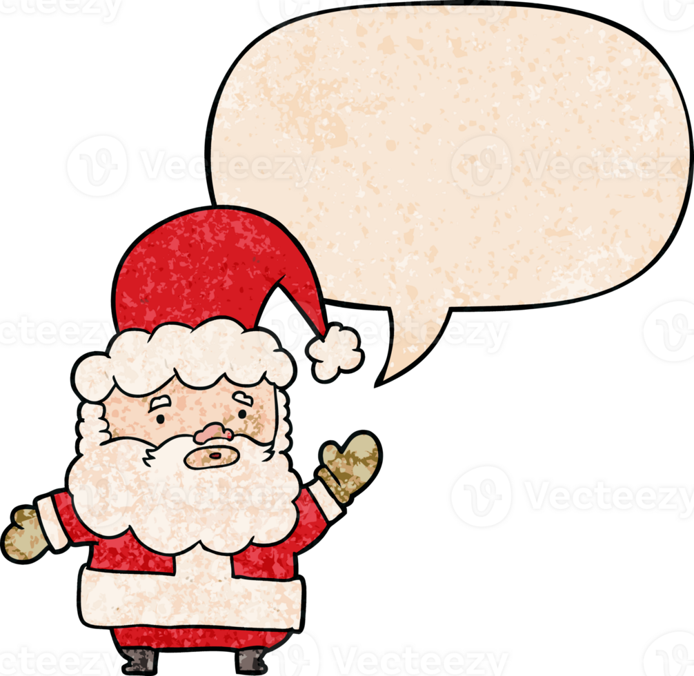 dibujos animados Papa Noel claus ondulación con habla burbuja en retro textura estilo png