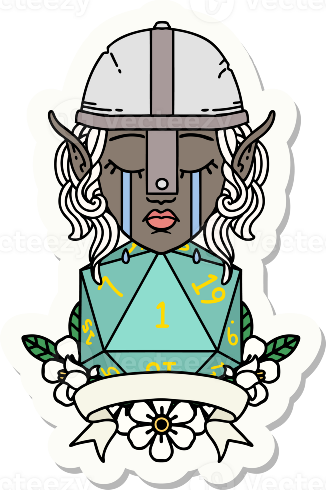 sticker of a crying elf fighter character face with natural one D20 roll png