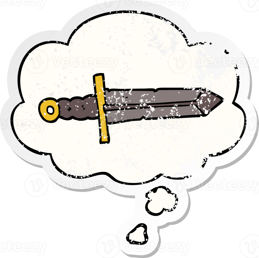 cartoon sword with thought bubble as a distressed worn sticker png