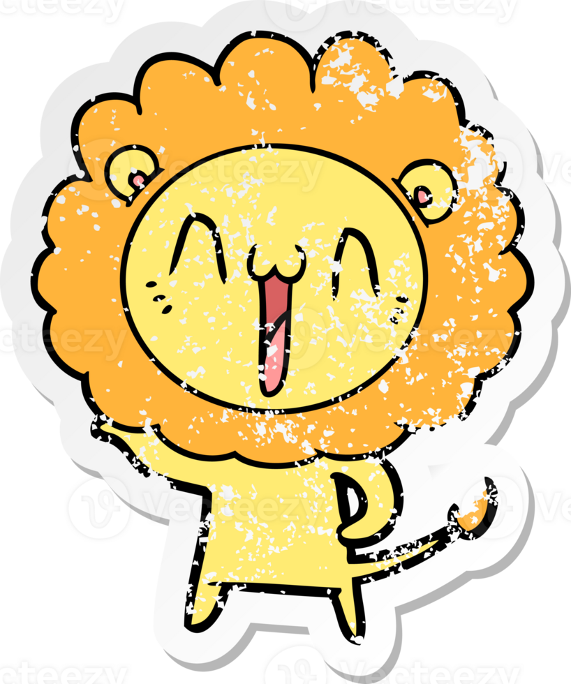 distressed sticker of a happy cartoon lion png