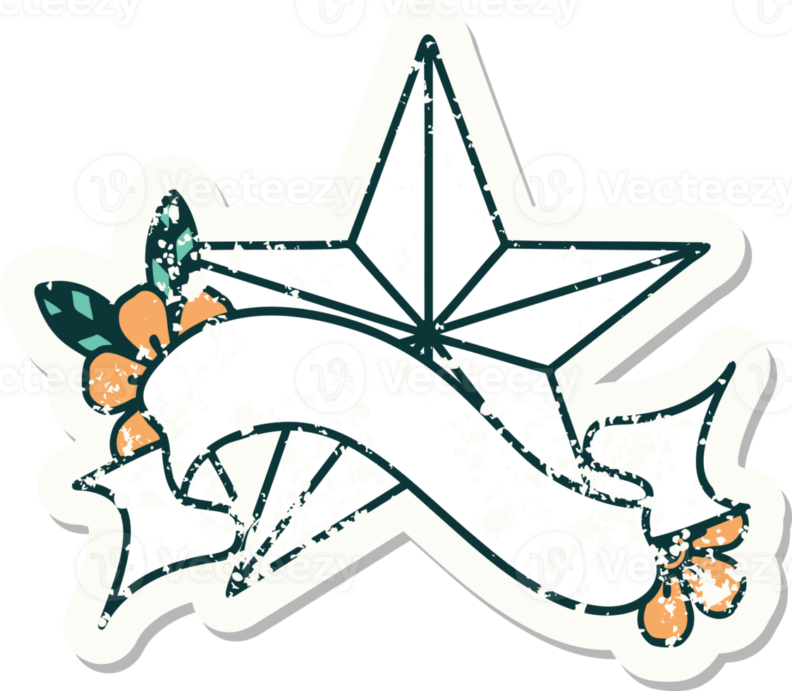 worn old sticker with banner of a star png