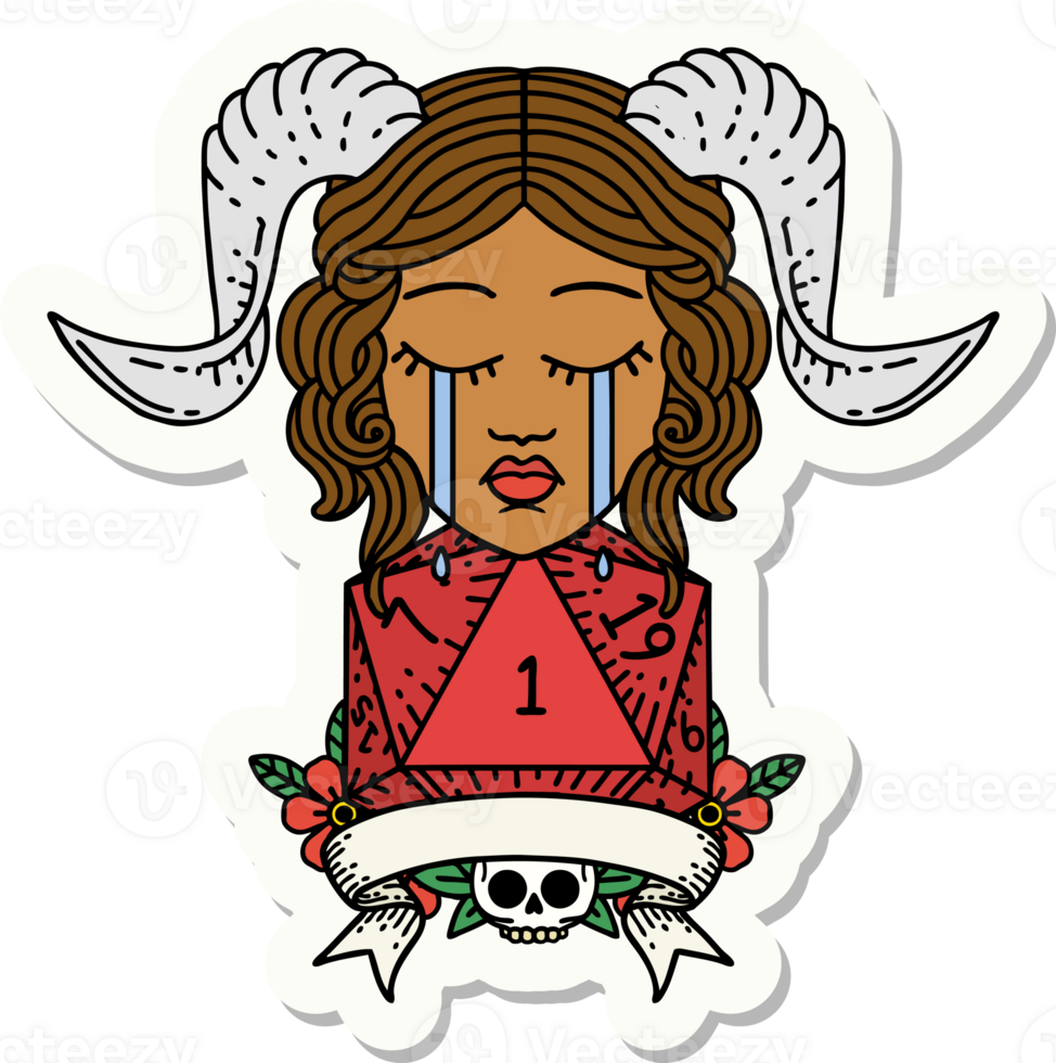 sticker of a crying tiefling with natural one D20 dice roll png