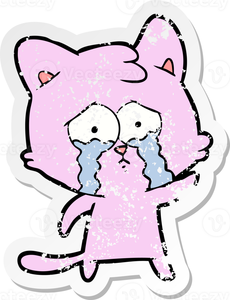 distressed sticker of a crying cartoon cat png