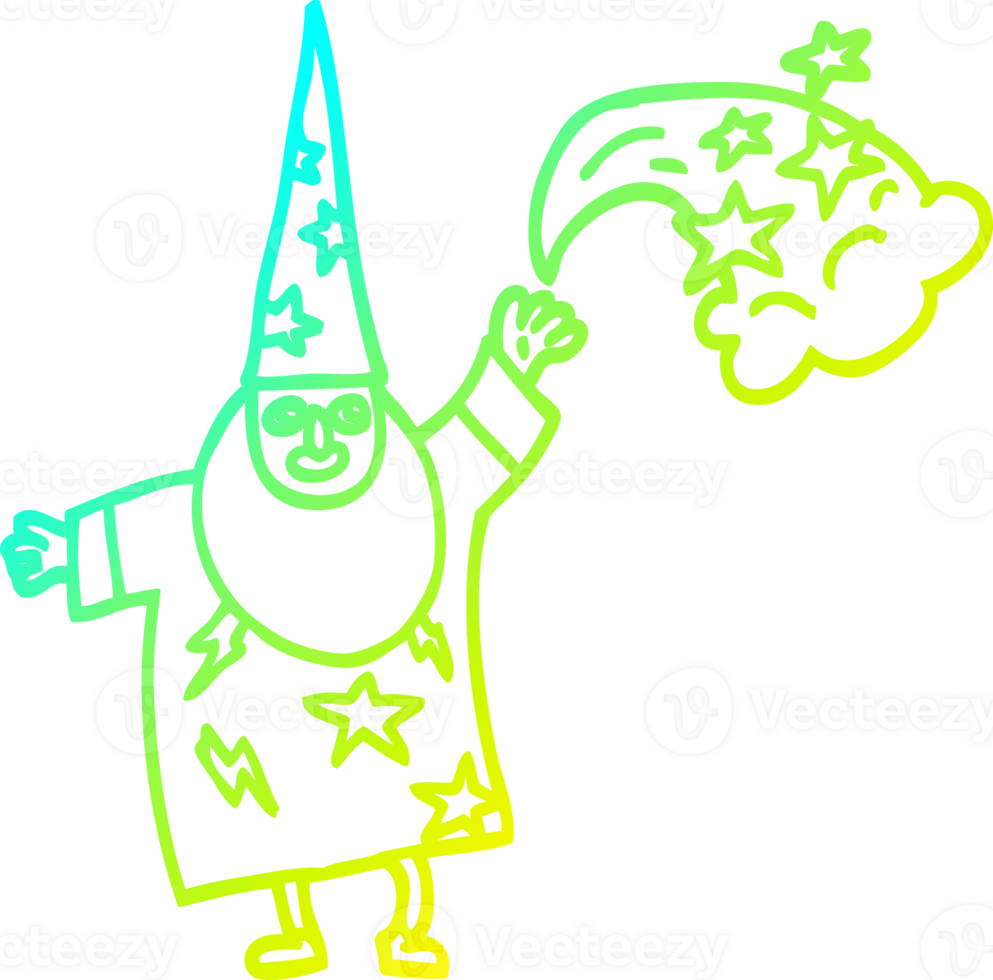 cold gradient line drawing of a cartoon wizard casting spell png