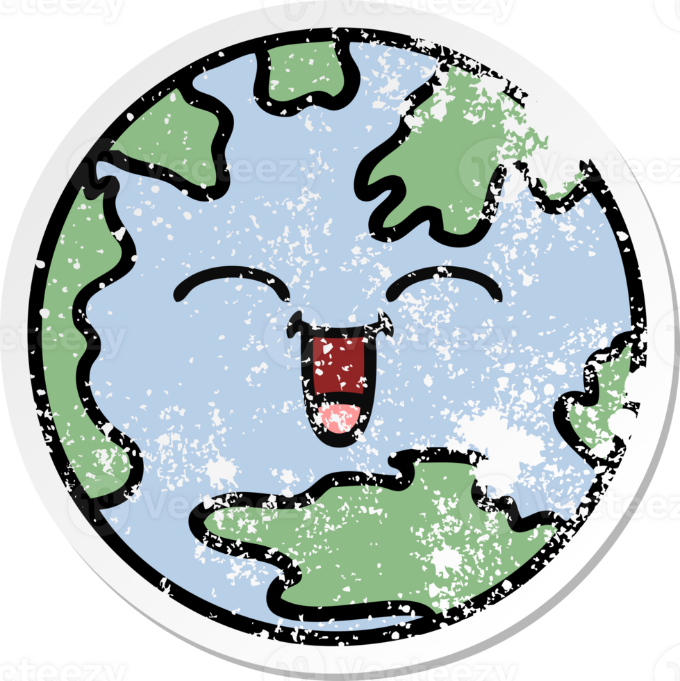 distressed sticker of a cute cartoon planet earth png