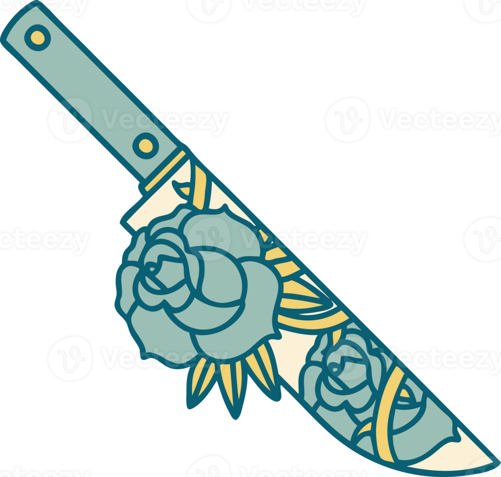 iconic tattoo style image of a dagger and flowers png