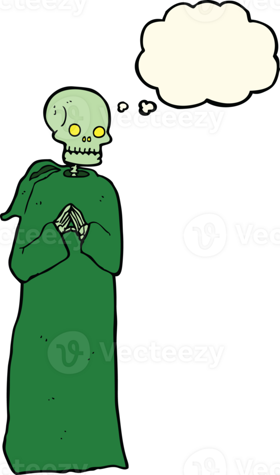 cartoon skeleton in black robe with thought bubble png