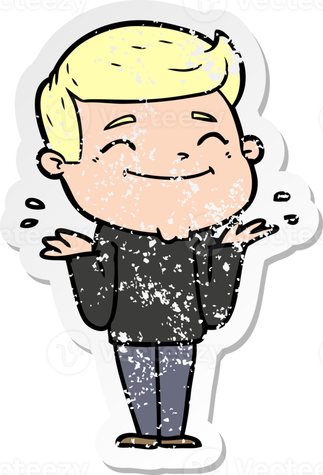distressed sticker of a happy cartoon man shrugging png