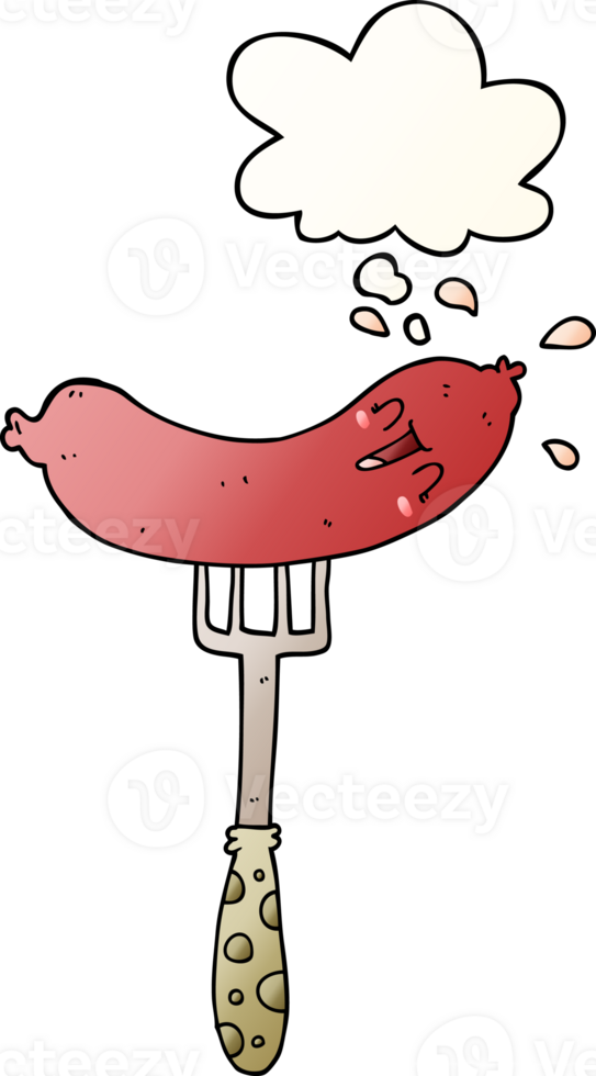 cartoon happy sausage on fork with thought bubble in smooth gradient style png