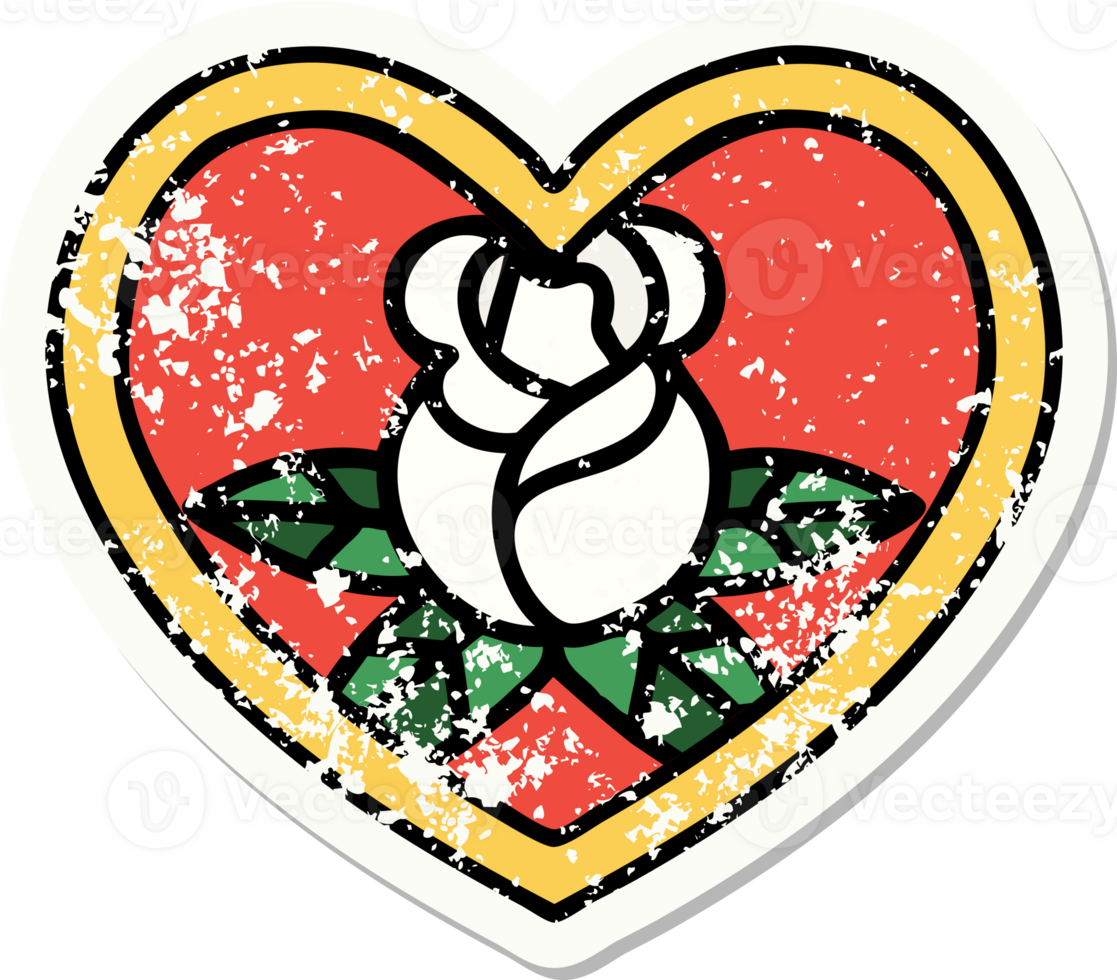 distressed sticker tattoo in traditional style of a heart and flowers png