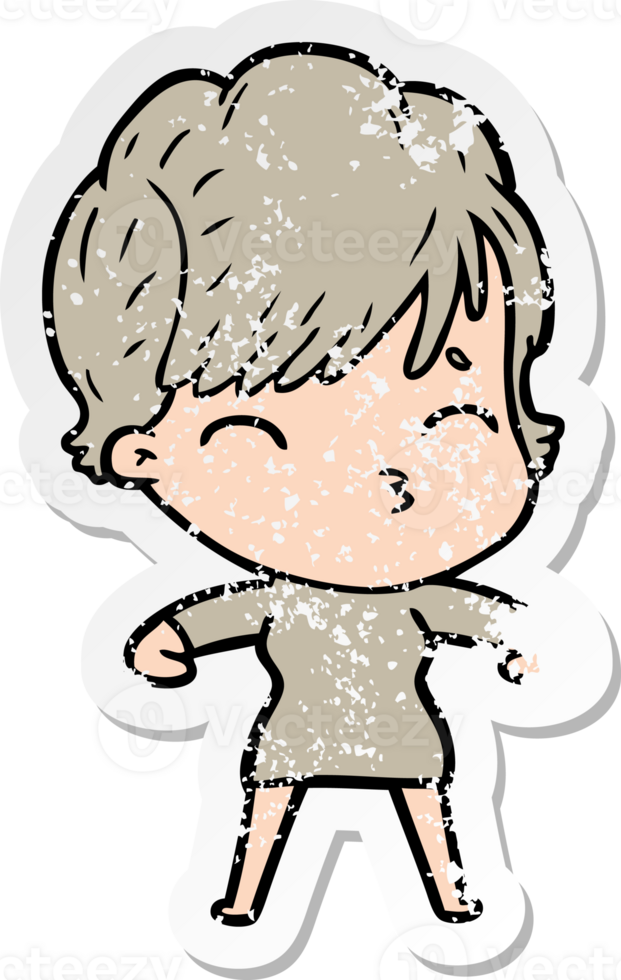 distressed sticker of a cartoon woman thinking png