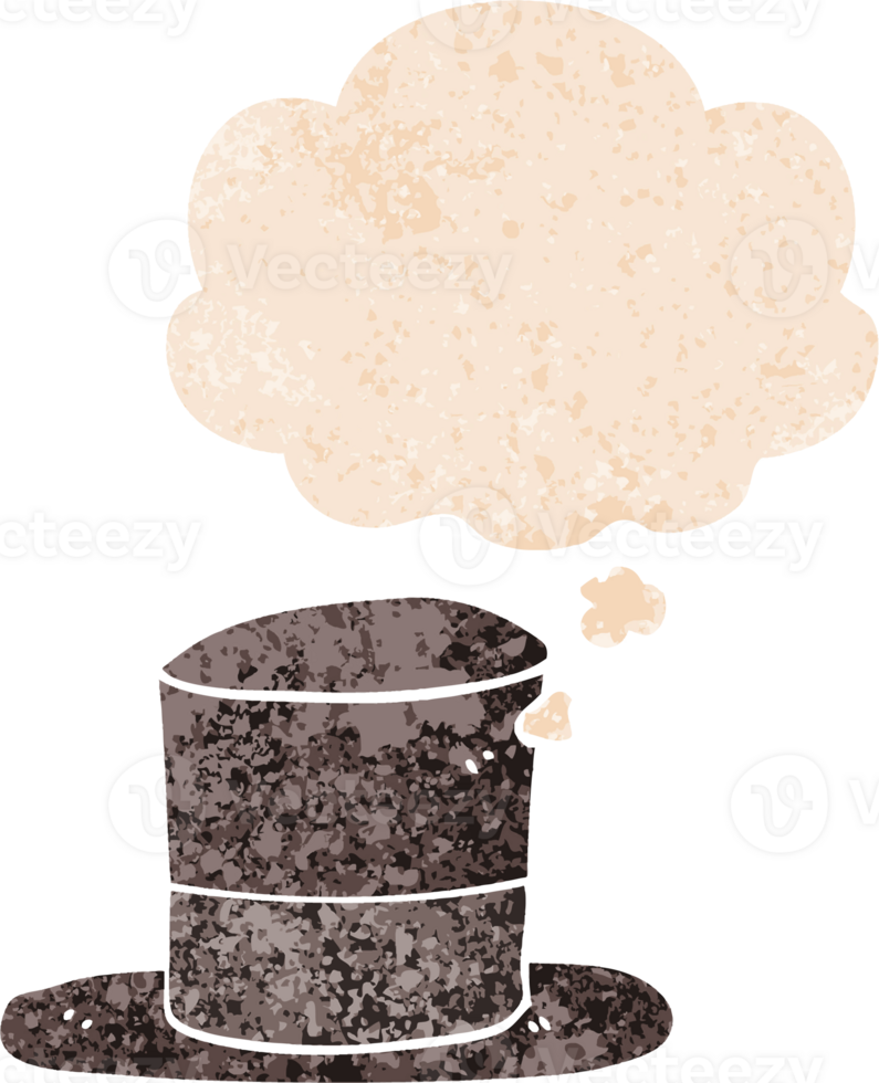 cartoon top hat with thought bubble in grunge distressed retro textured style png
