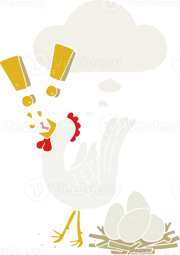 cartoon chicken laying egg with thought bubble in retro style png