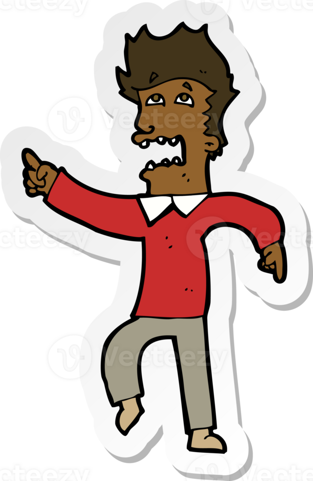 sticker of a cartoon frightened man pointing png