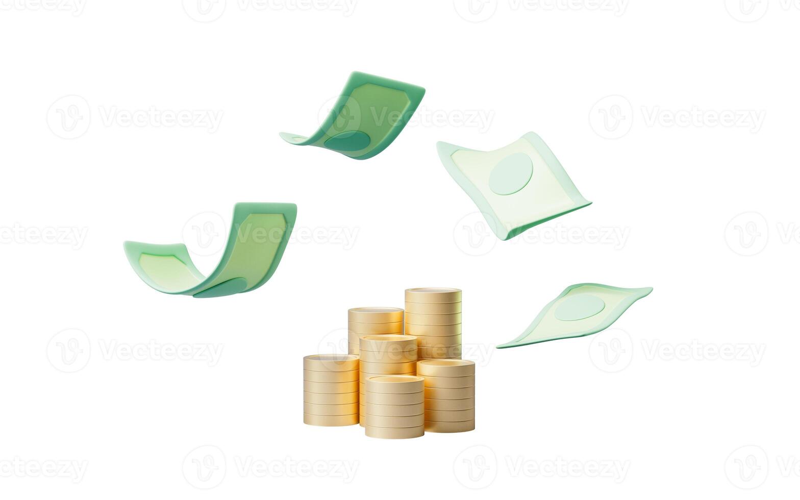 Golden coins and flying banknotes, 3d rendering. photo