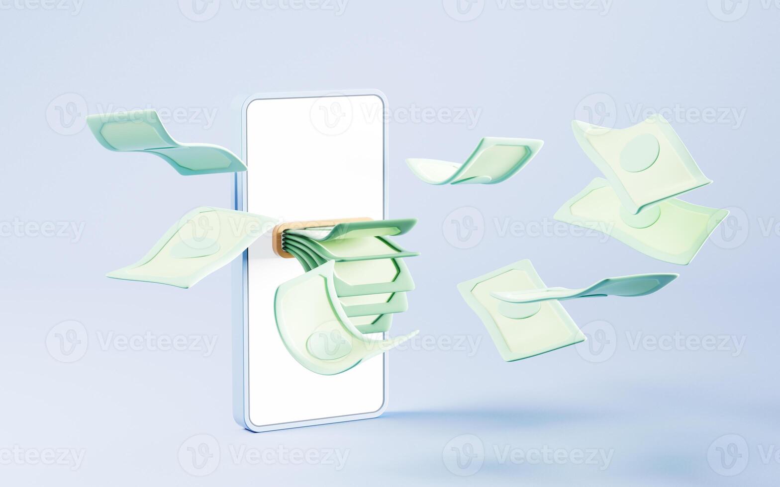 Cell phone and money coming from it, 3d rendering. photo