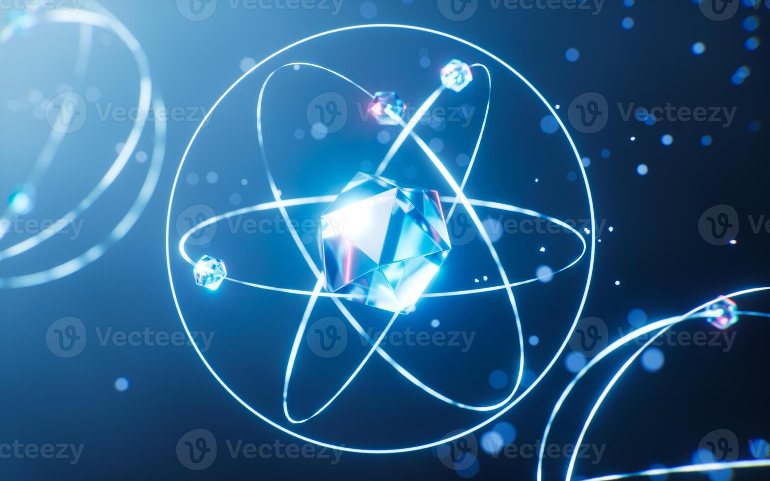 Physics atom with dark blue background, 3d rendering. photo