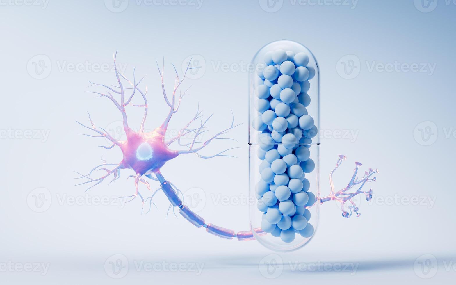 Medical capsule and biology nerve cell background, 3d rendering. photo