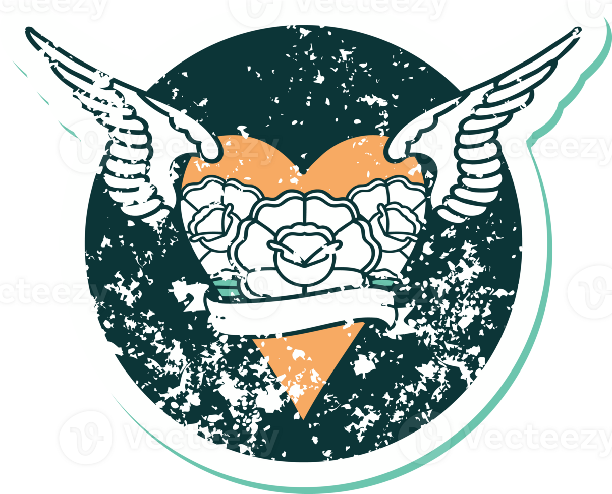 iconic distressed sticker tattoo style image of a flying heart with flowers and banner png