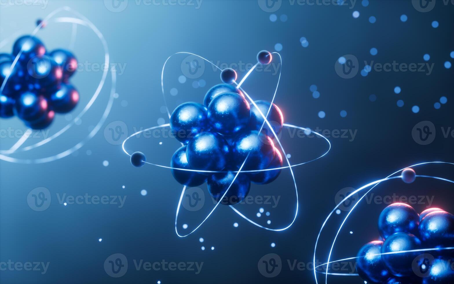 Physics atom with dark blue background, 3d rendering. photo