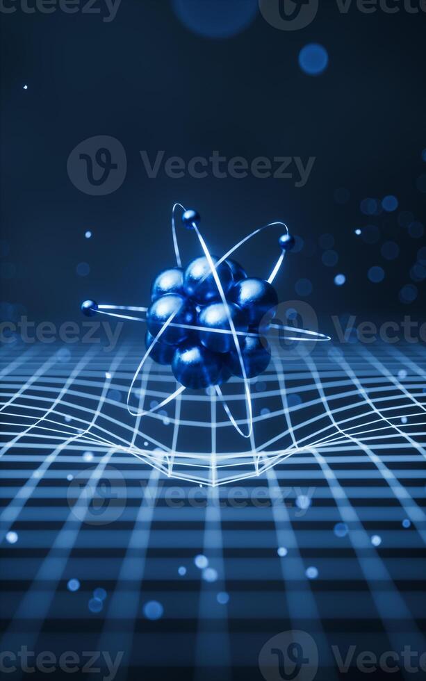 Physics atom with dark blue background, 3d rendering. photo