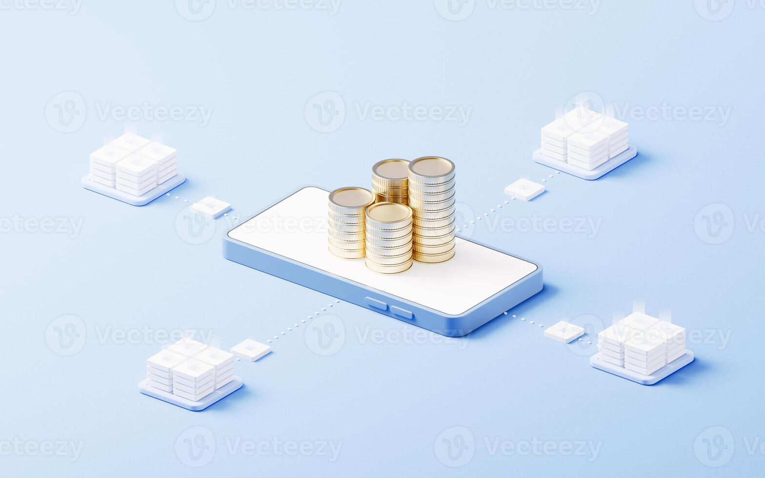 Cell phone and golden coins, 3d rendering. photo