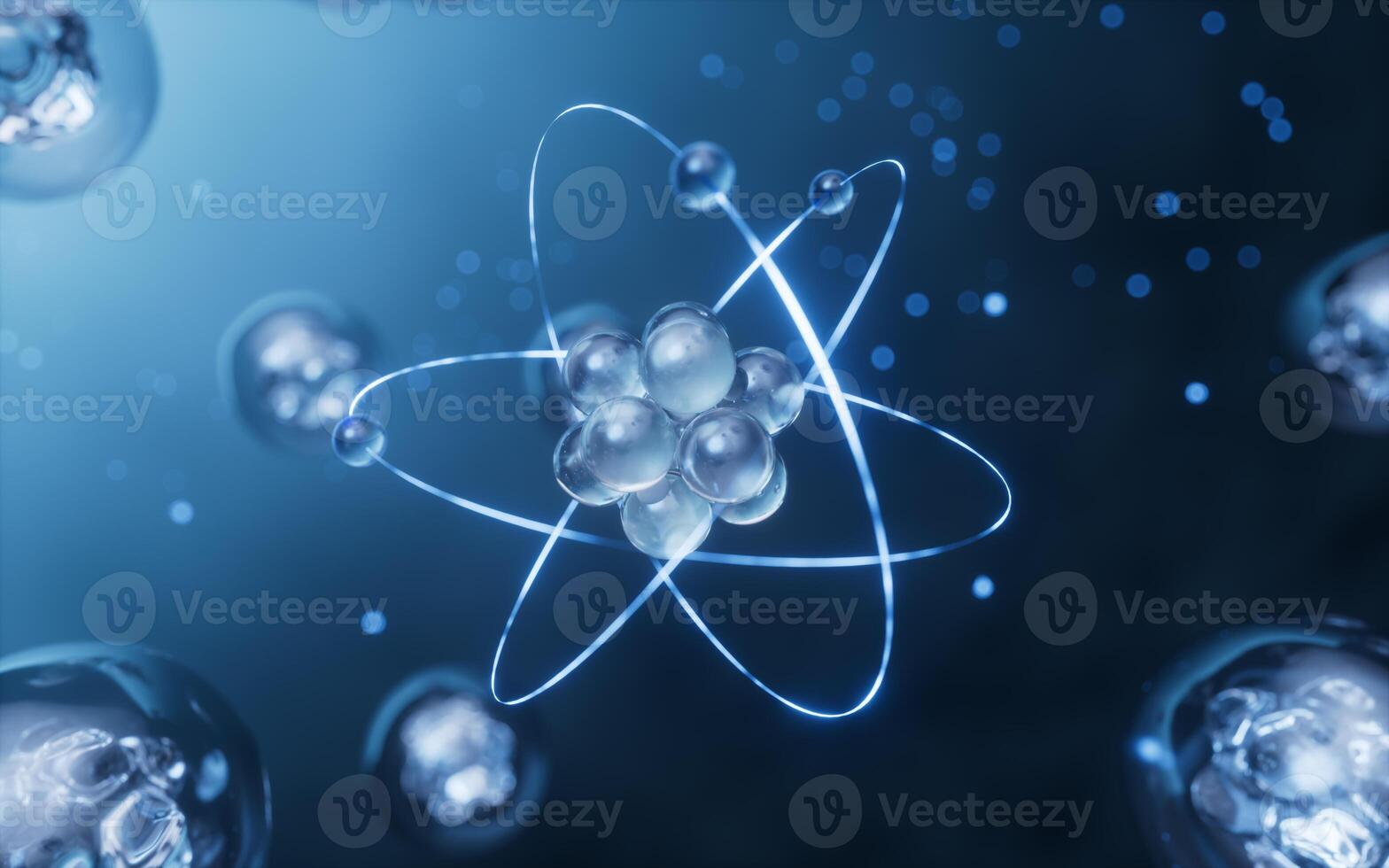 Physics atom with dark blue background, 3d rendering. photo