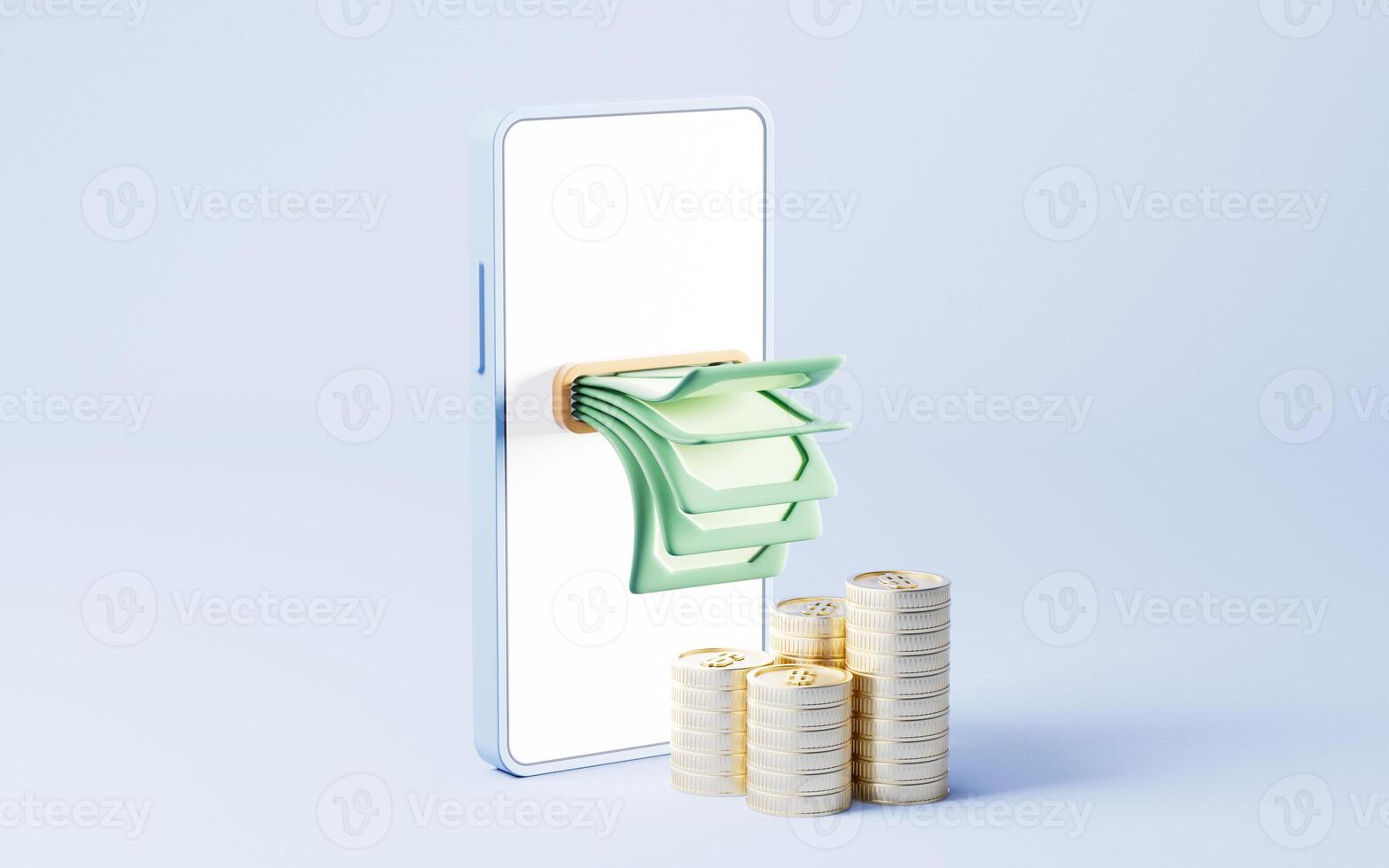 Cell phone and money coming from it, 3d rendering. photo