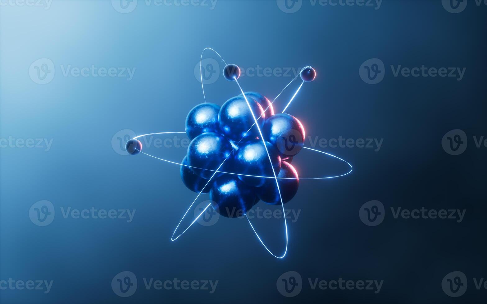 Physics atom with dark blue background, 3d rendering. photo