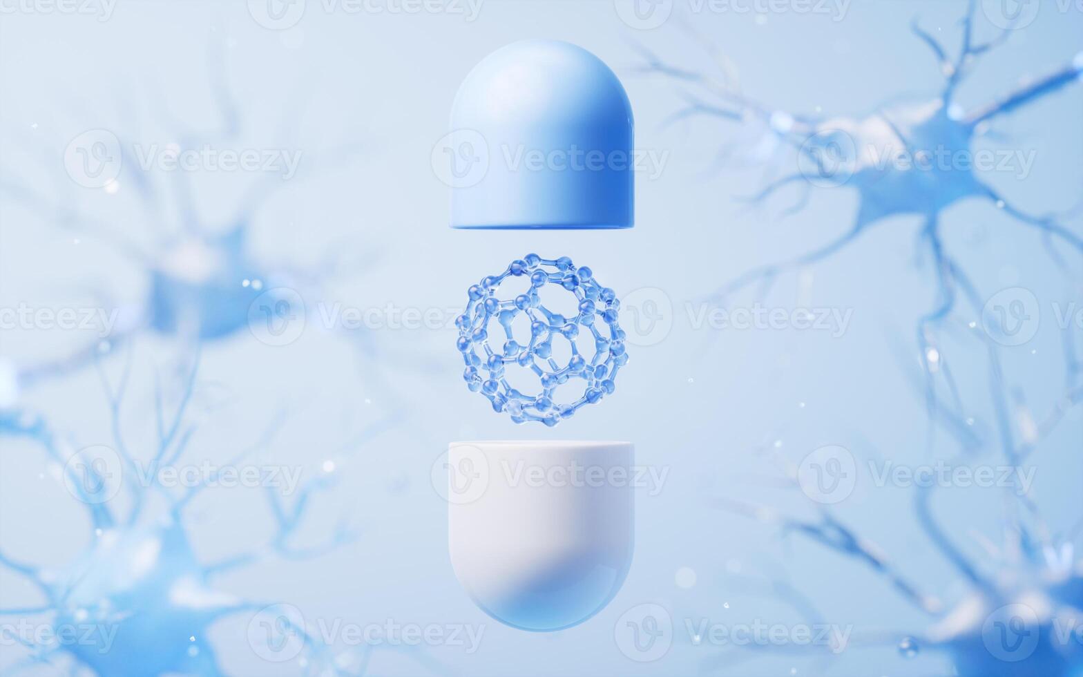 Medical capsule and biology nerve cell background, 3d rendering. photo