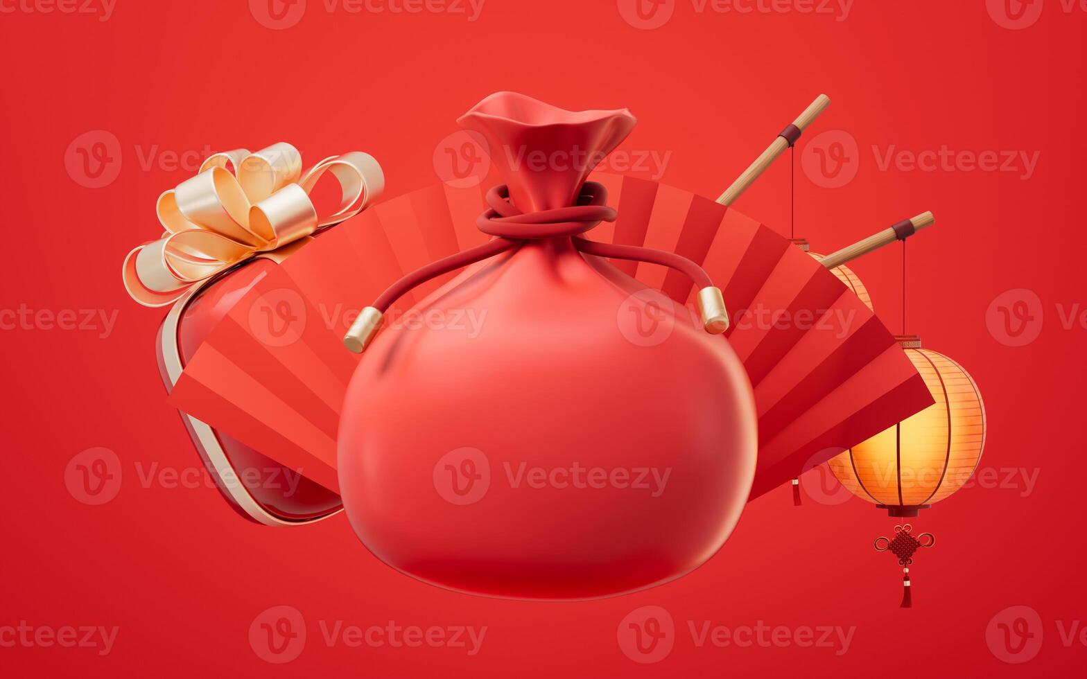 Red cartoon festive bag and Chinese ancient background, 3d rendering. photo