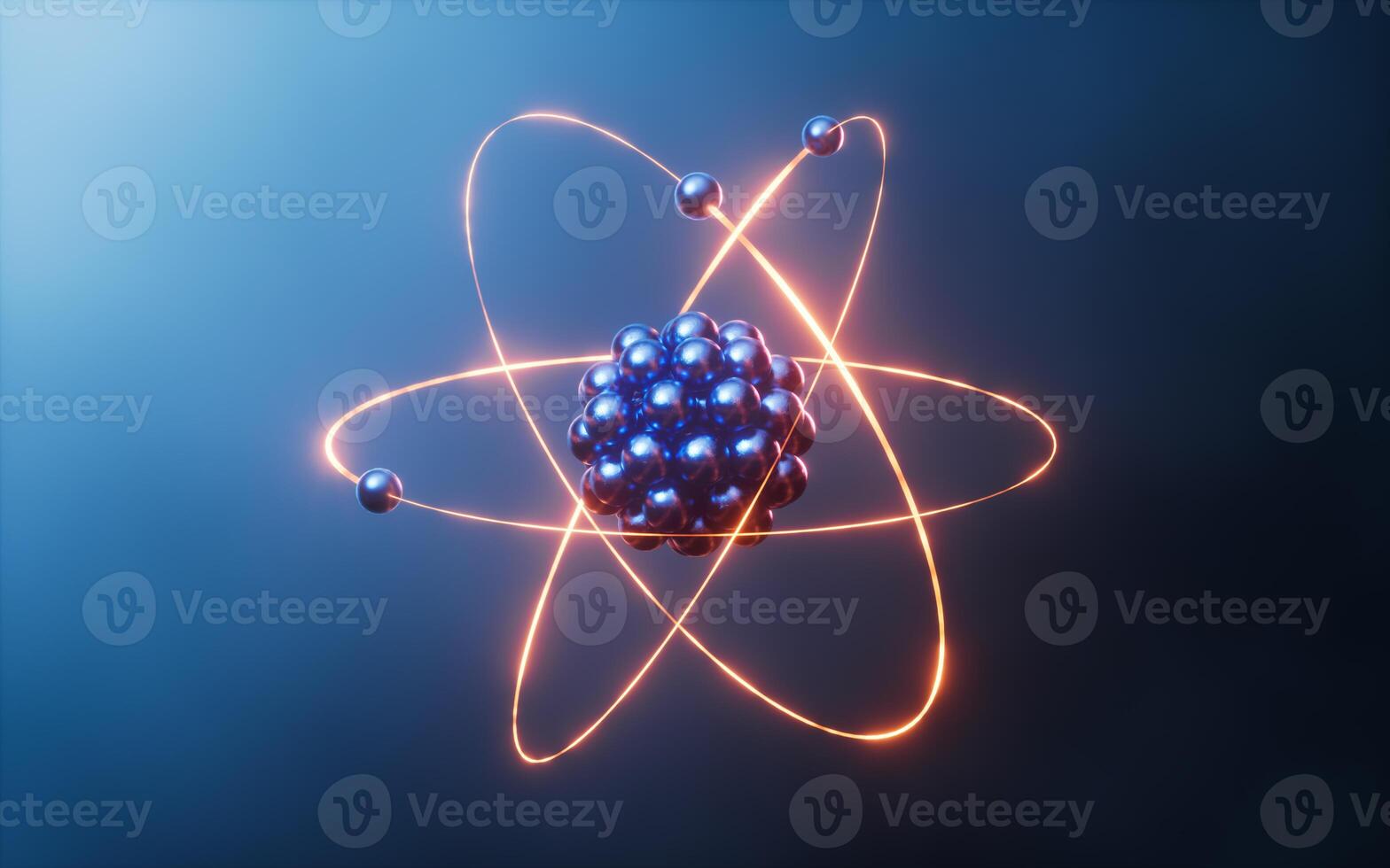 Physics atom with dark blue background, 3d rendering. photo