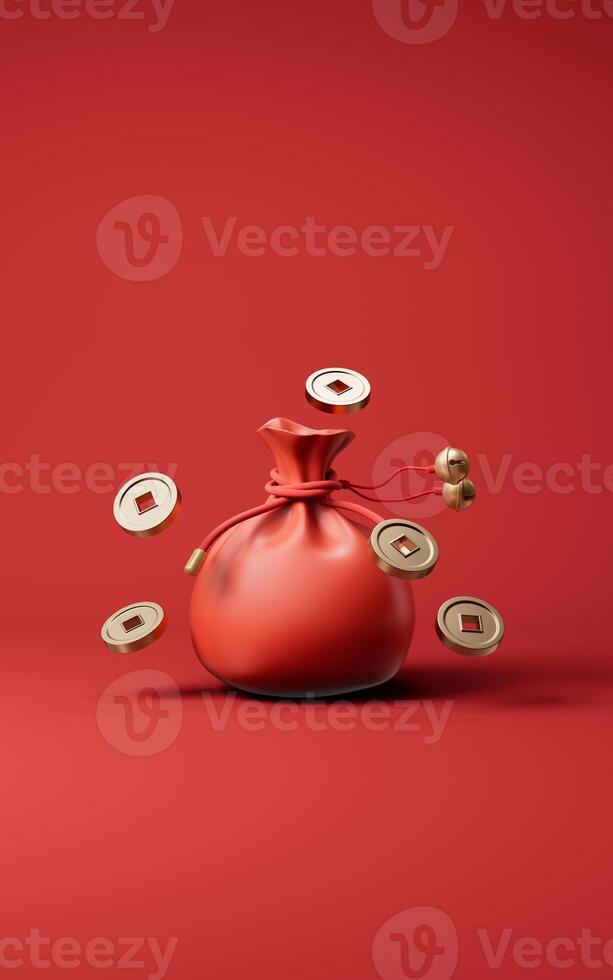 Red festive bag and Chinese ancient coins, 3d rendering. photo