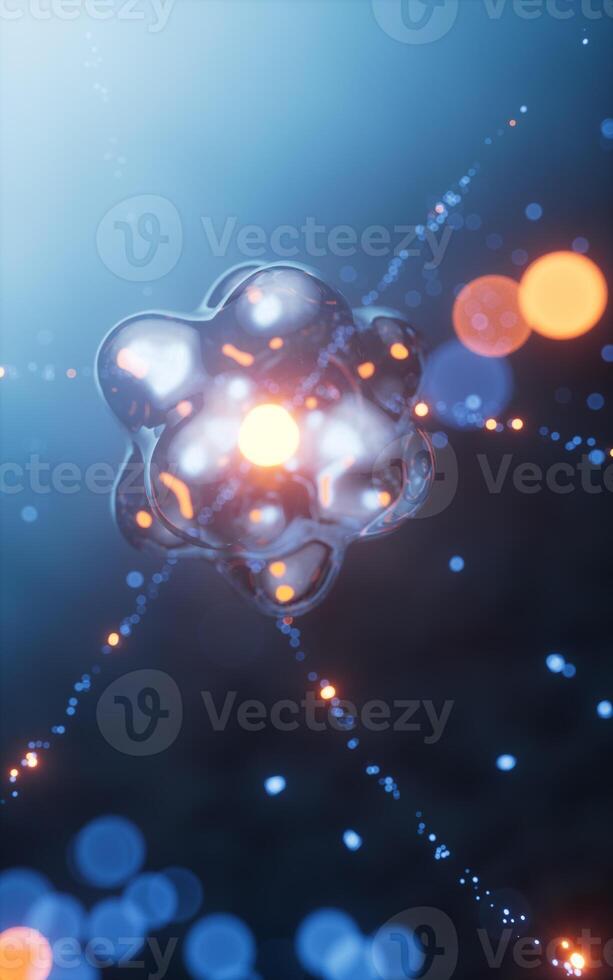 Physics atom with dark blue background, 3d rendering. photo