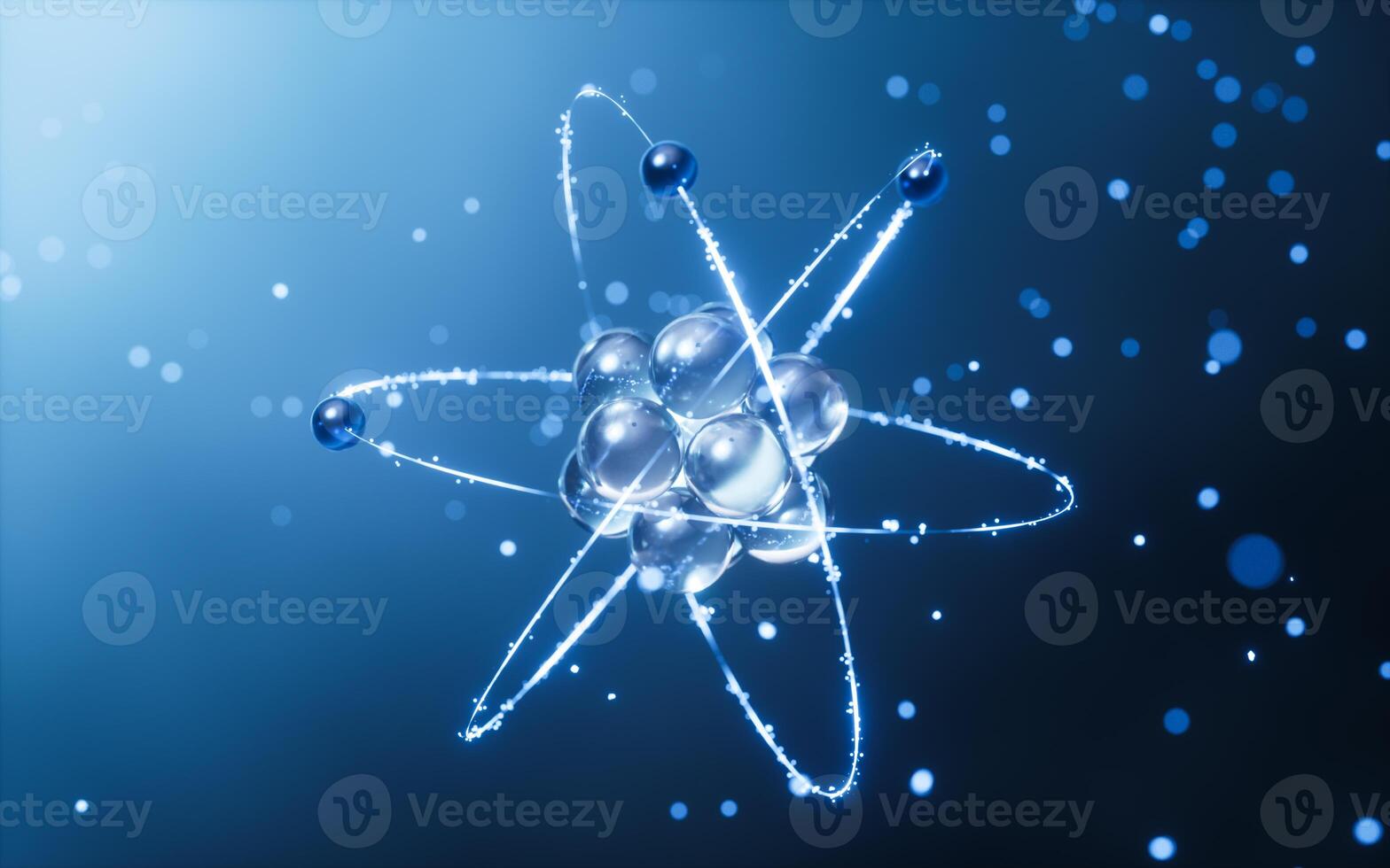 Physics atom with dark blue background, 3d rendering. photo