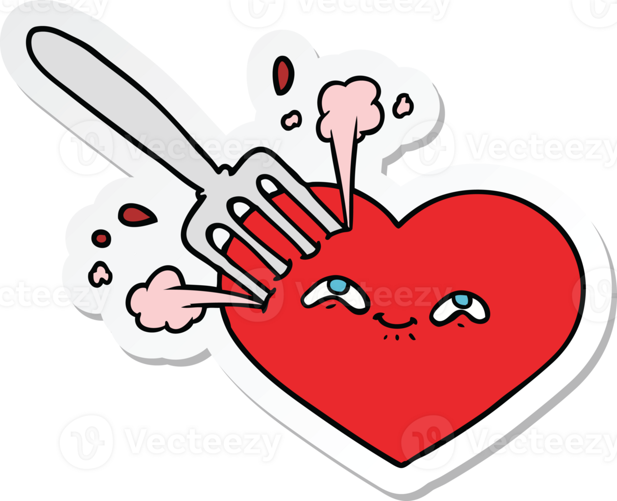 sticker of a cartoon love heart stuck with fork png
