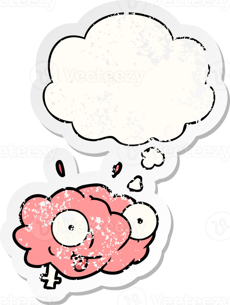 funny cartoon brain with thought bubble as a distressed worn sticker png