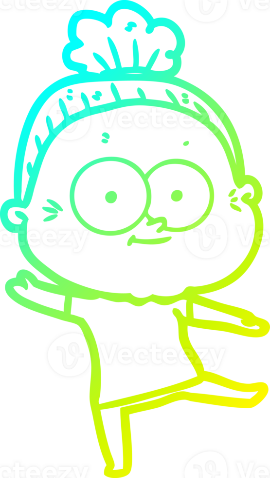 cold gradient line drawing of a cartoon happy old woman png