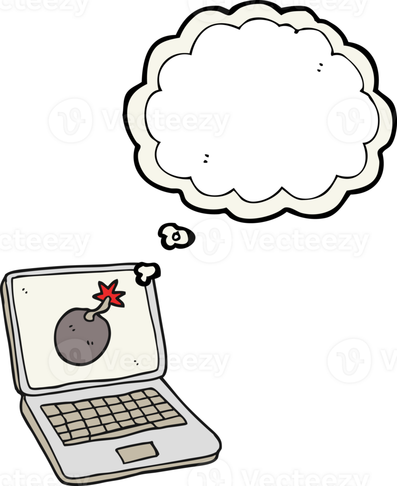 hand drawn thought bubble cartoon laptop computer with error screen png