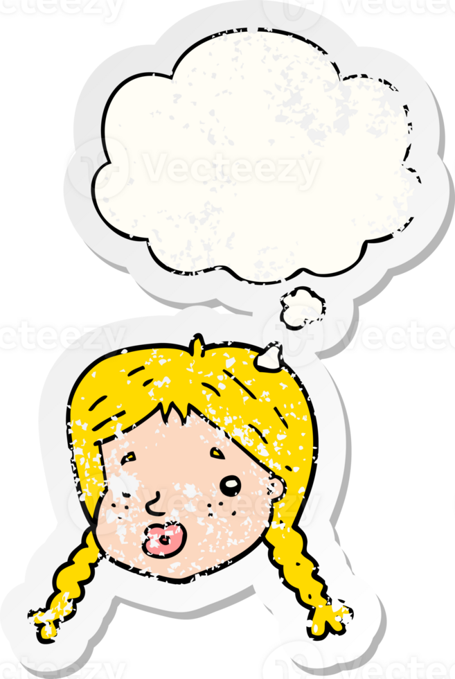 cartoon girls face with thought bubble as a distressed worn sticker png